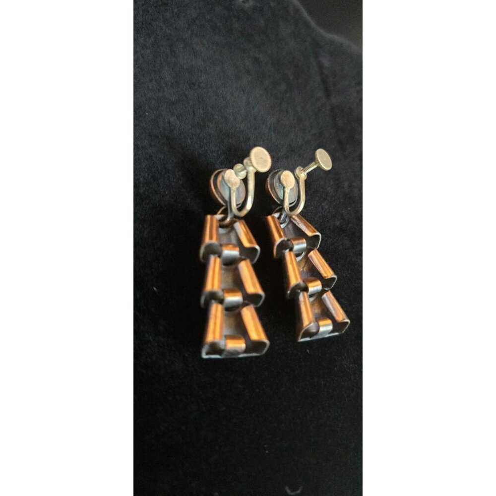 Vintage Copper Dangle Earrings Modernist Geometric Tiered Statement Screw-Back - Picture 9 of 11